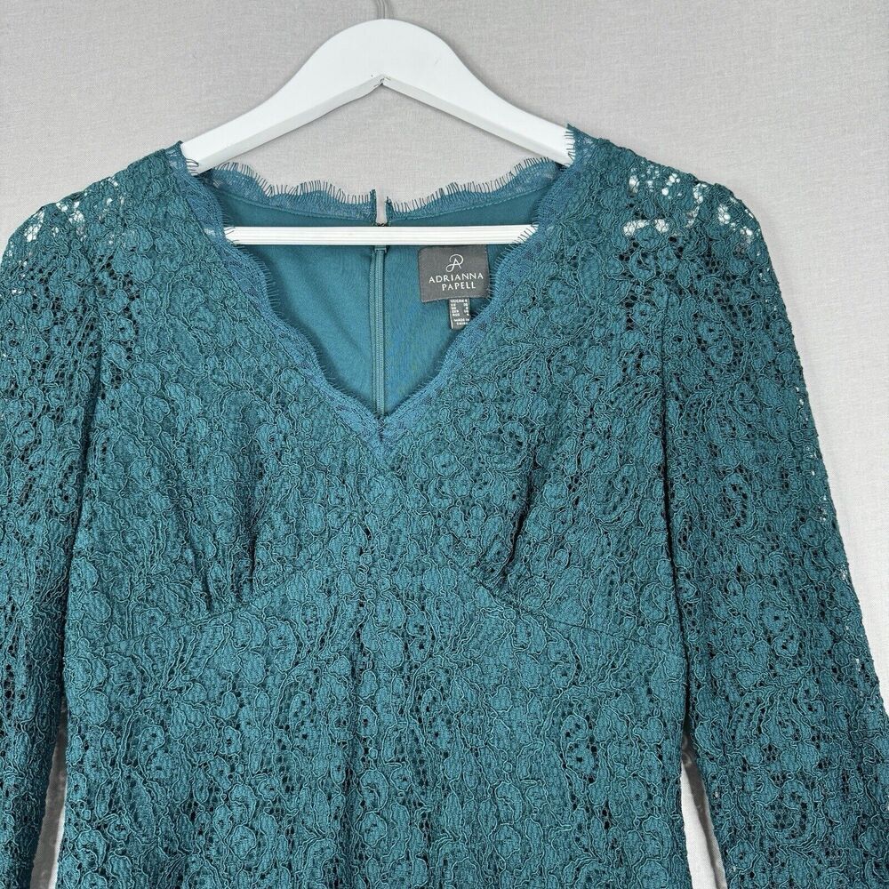 Adrianna Papell Womens Dress 4 Teal Blue Fallen For Him Sheath Lace Cocktail - Picture 2 of 12